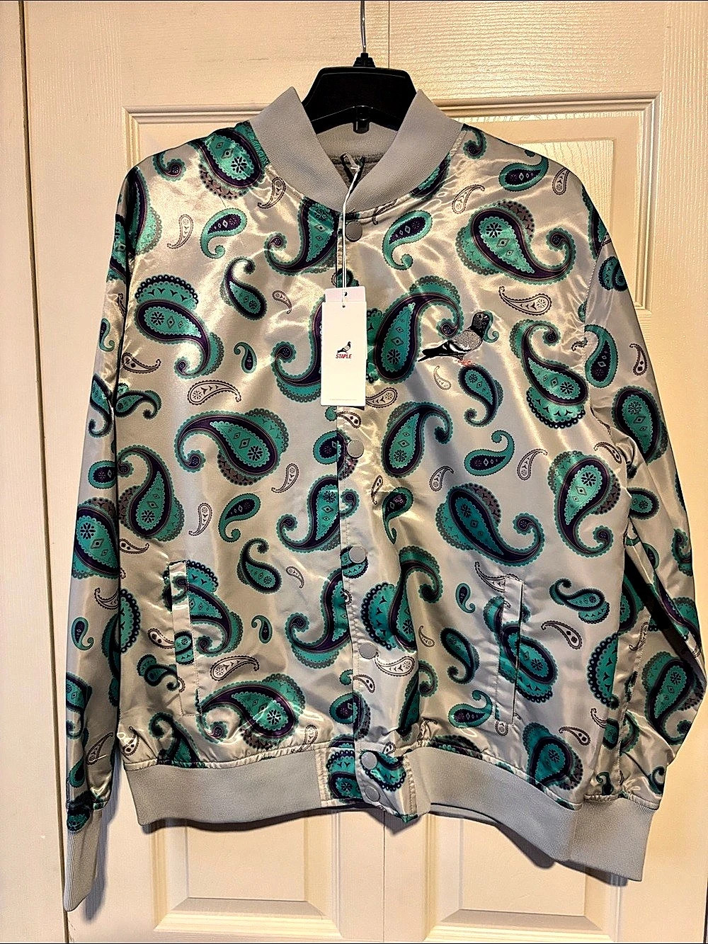 Staple Paisley Satin Bomber Jacket in Green & Gray Size Large